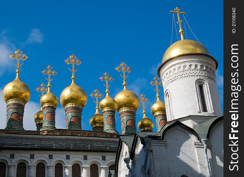 Fragment of exterior of cathedral in Moscow Kremlin, Russia