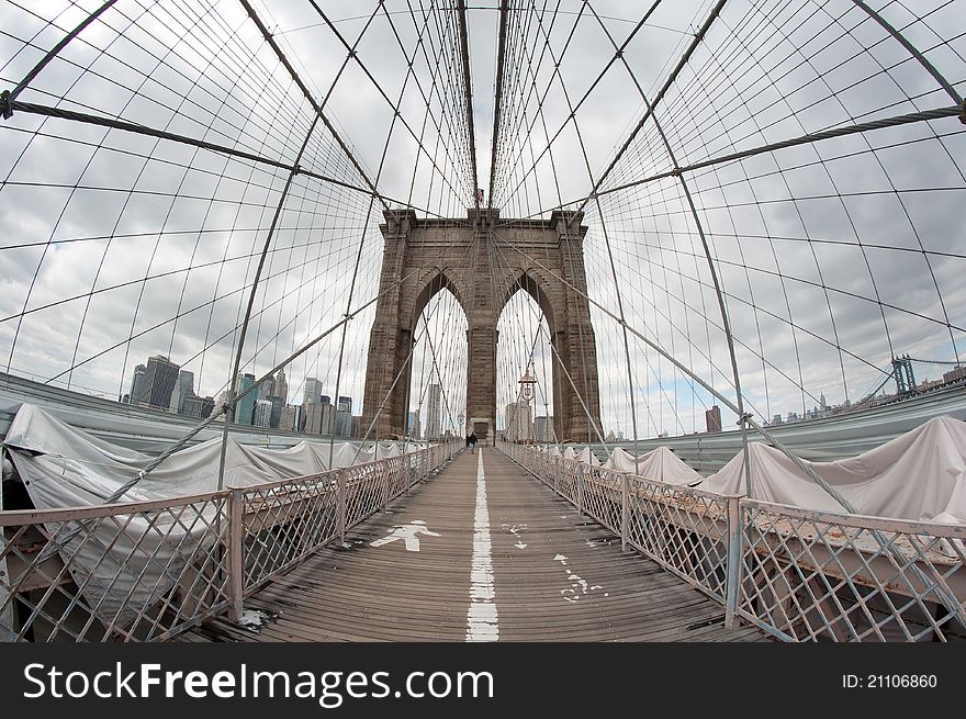 Fish eye lens photo of Brooklyn Bridge in New York