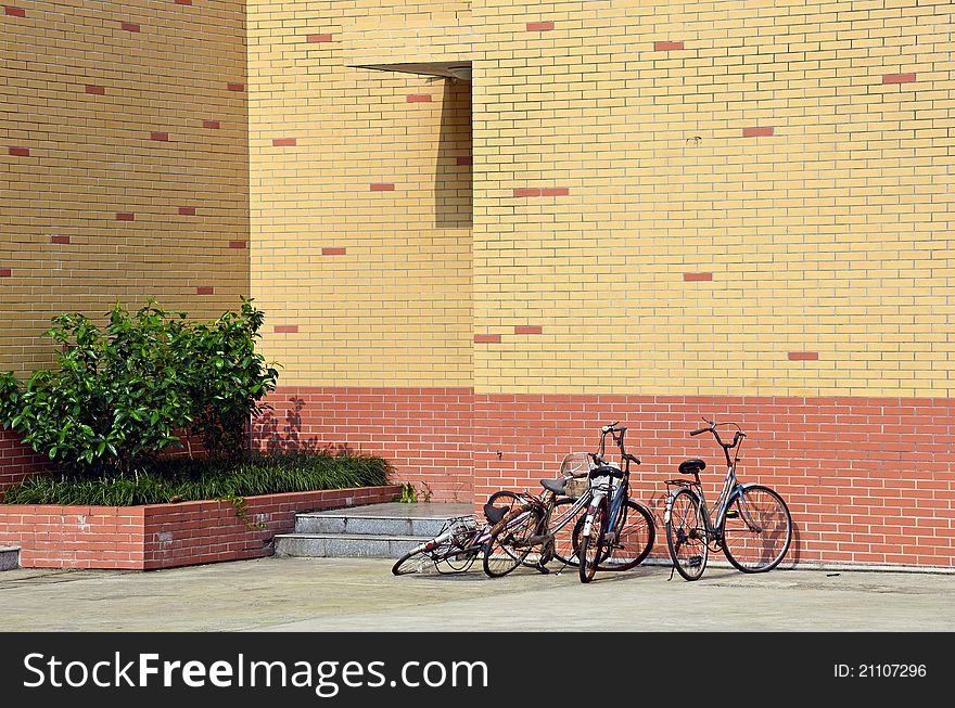 Bikes near the wall building