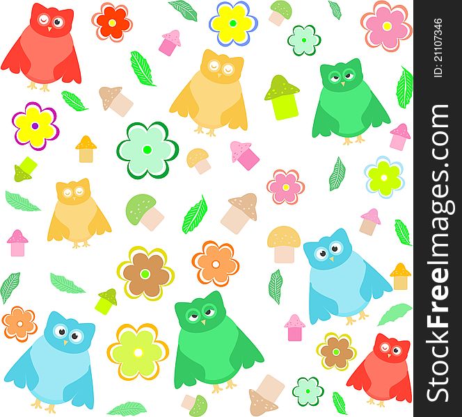 Background With Owls, Leafs, Mushrooms And Flowers