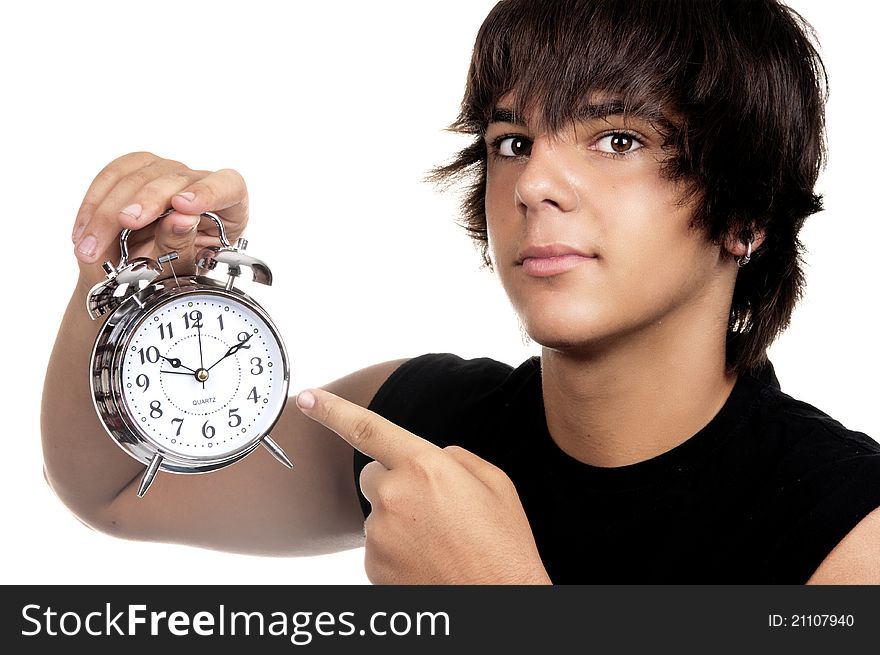 Young guy with an alarm clock