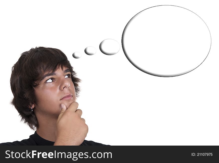 Teenage boy thinking isolated on white background