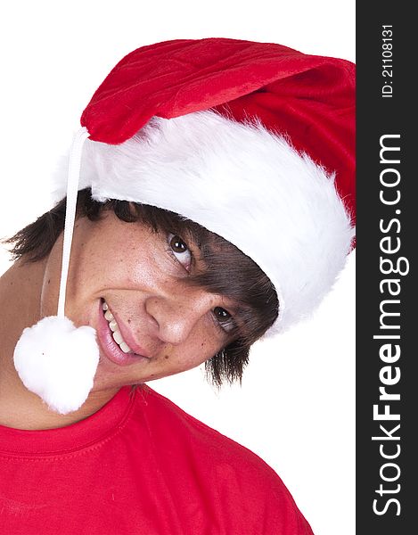 Teenage boy with santa claus hat on white background