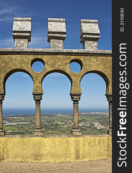 Arabian style arches of a terrace in the Pena palace in Sintra, Portugal. Arabian style arches of a terrace in the Pena palace in Sintra, Portugal