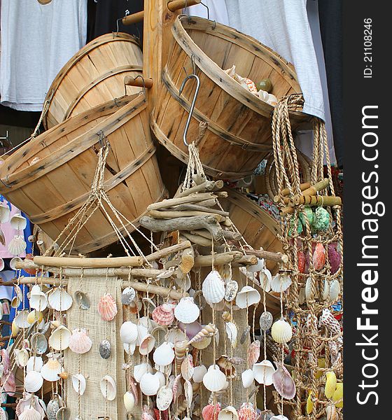 Sale of souvenirs of sea the baskets and shells - Liguria Itay. Sale of souvenirs of sea the baskets and shells - Liguria Itay