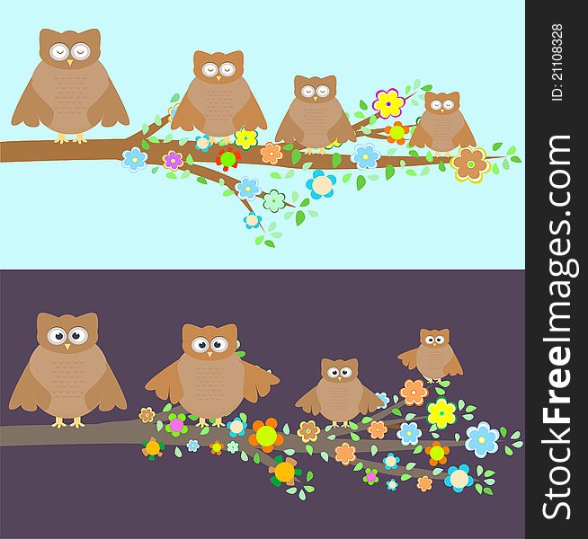 Family of owls sitting on a branch. Two variations