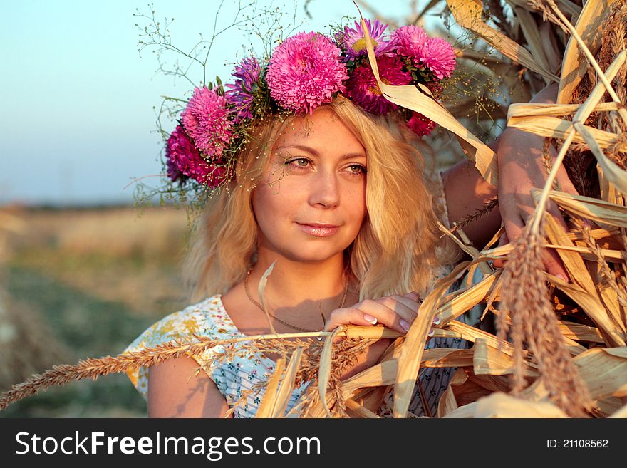 Young Woman In Corn Haystack With Wreath