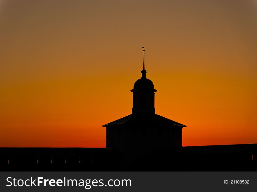 Sunset silhoettes in russian monastery