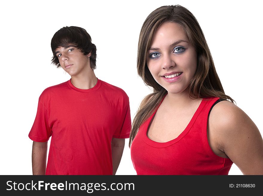 Teenage boy and teenage girl on white background