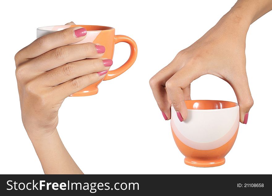 Two hand carrying the cup isolated on white background