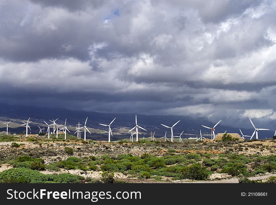 Wind turbines generating electricity in tenerife, canary islands