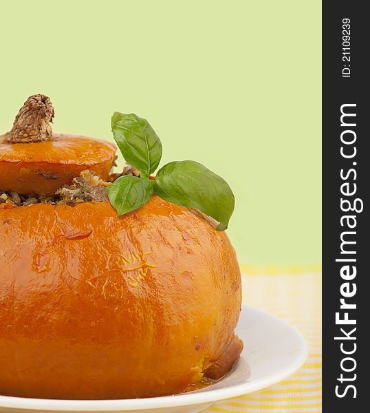 Close-up of pumpkin stuffed with rice, meat and vegetables