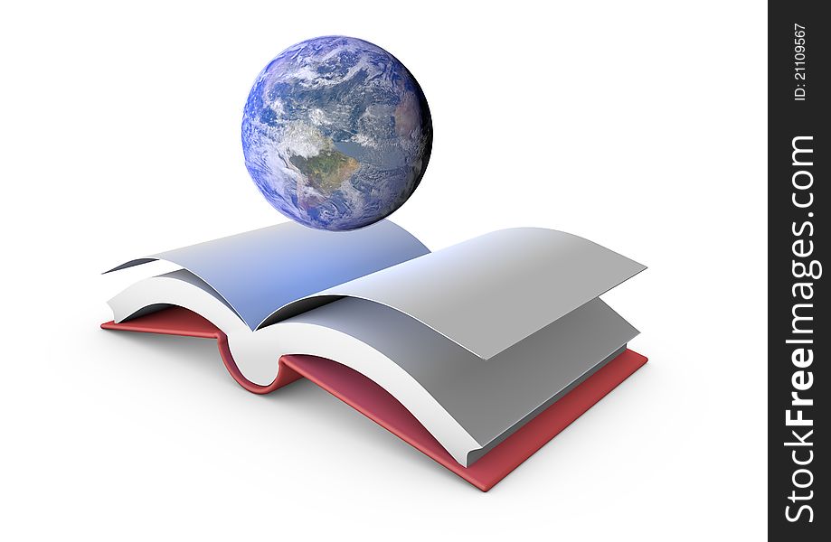 Render of a floating open book with the planet. Render of a floating open book with the planet