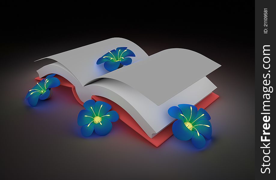 Render of an open book and several flowers. Render of an open book and several flowers