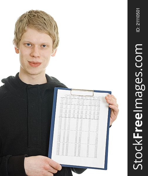 A young man holds a clipboard isolated on white