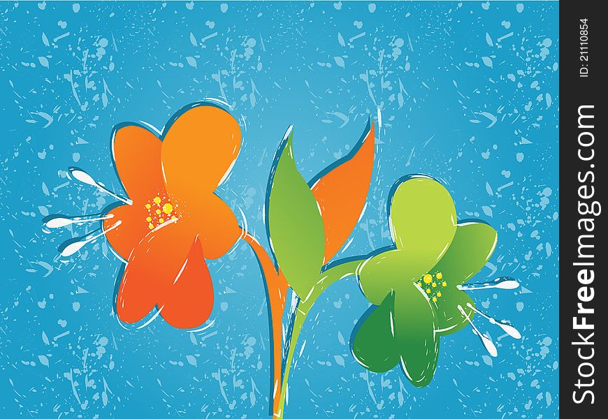 Floral Background, two simple flowers on blue background.