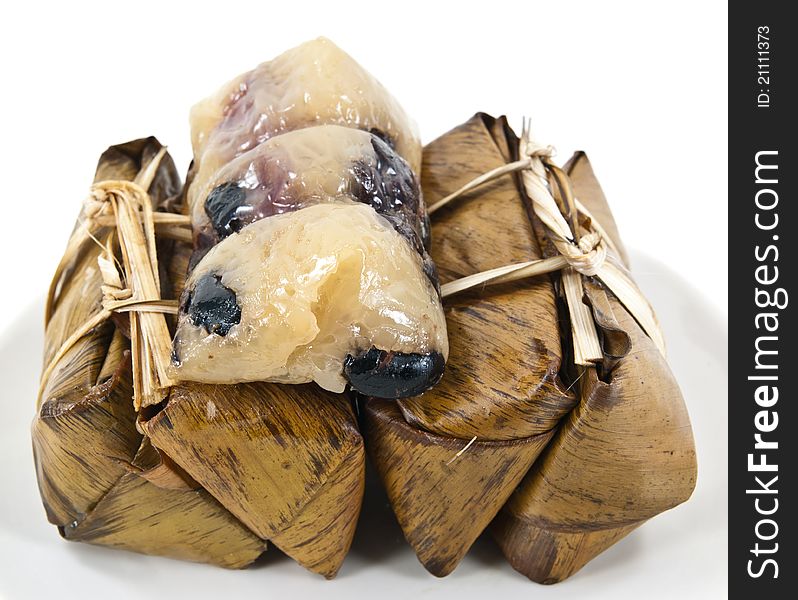 Close up Sweet sticky rice, it is made from glutinous rice cooked in coconut milk, and often steamed in banana leaves.