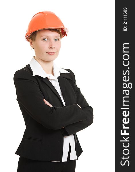 Businesswoman in a helmet on a white background. Businesswoman in a helmet on a white background.