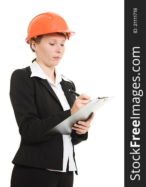Businesswoman in a helmet on a white background. Businesswoman in a helmet on a white background.