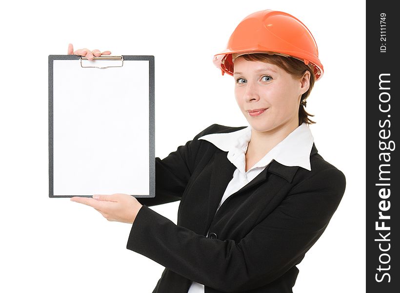 Businesswoman in a helmet shows the blank page on a white background. Businesswoman in a helmet shows the blank page on a white background.