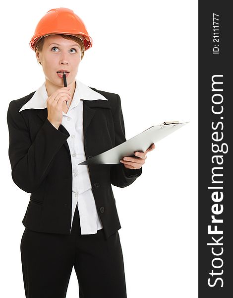 Thinking businesswoman in a helmet on a white background.