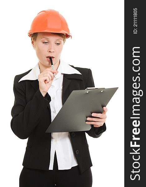 Thinking businesswoman in a helmet on a white background.