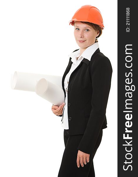 Businesswoman in a helmet with drawings on a white background.