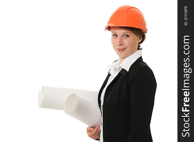 Businesswoman in a helmet with drawings.