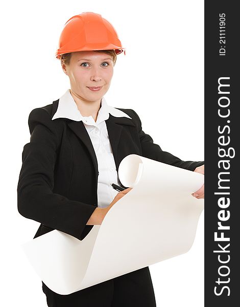 Businesswoman in a helmet on a white background. Businesswoman in a helmet on a white background.