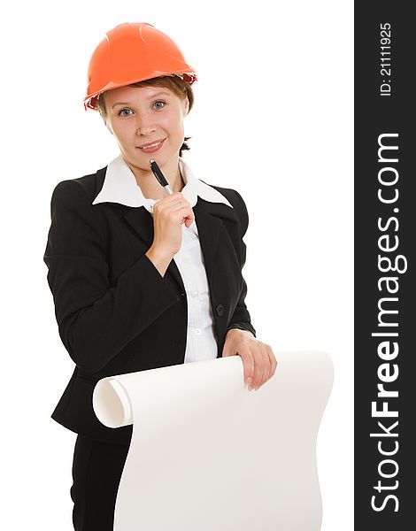 Businesswoman in a helmet on a white background.