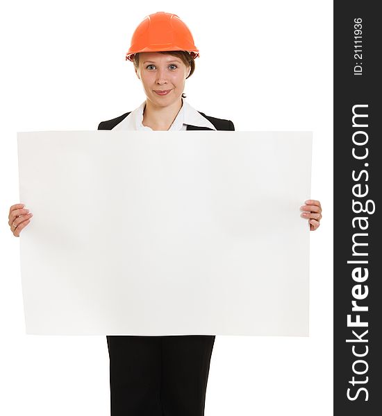 Businesswoman in a helmet shows the blank page on a white background. Businesswoman in a helmet shows the blank page on a white background.