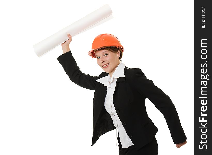 Businesswoman in a helmet with drawings on a white background.