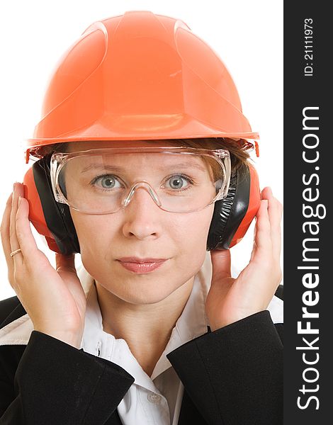Businesswoman in a helmet on a white background.