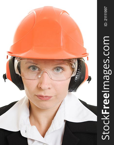 Businesswoman in a helmet on a white background.