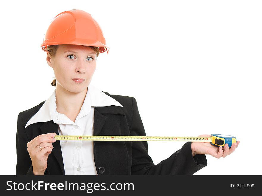 Businesswoman in a helmet on a white background. Businesswoman in a helmet on a white background.