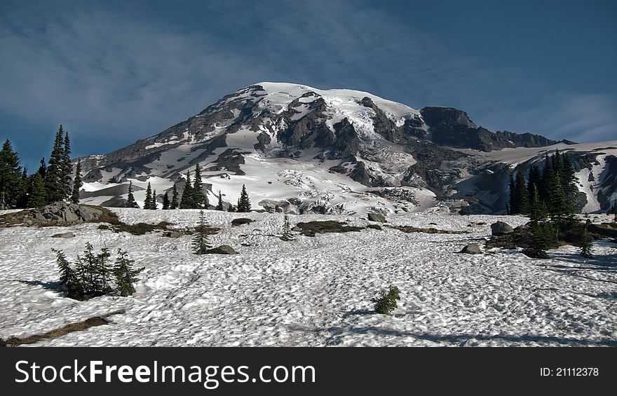 Close landscape of the snow mountain - Mount Rainier in morning. Close landscape of the snow mountain - Mount Rainier in morning.