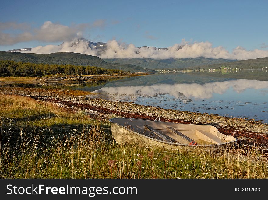 August sunny morning in north Norway on Lofoten islands near Tromso. August sunny morning in north Norway on Lofoten islands near Tromso