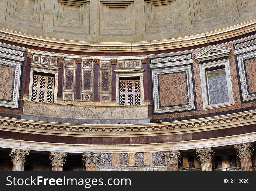 Interior fragment of the Pantheon, a temple to all the gods of Ancient Rome, Rome, Italy. Interior fragment of the Pantheon, a temple to all the gods of Ancient Rome, Rome, Italy