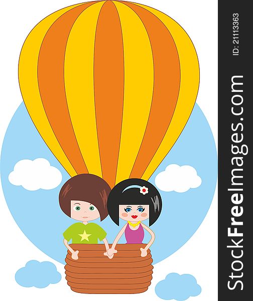 Kids fly on balloon - cartoon illustration. Kids fly on balloon - cartoon illustration