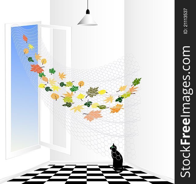 In an empty white room is black cat, wind moving into the room the fallen autumn leaves. In an empty white room is black cat, wind moving into the room the fallen autumn leaves