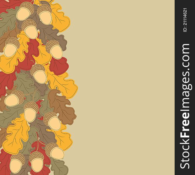 Autumn background. Multi-colored oak leaves and acorns.