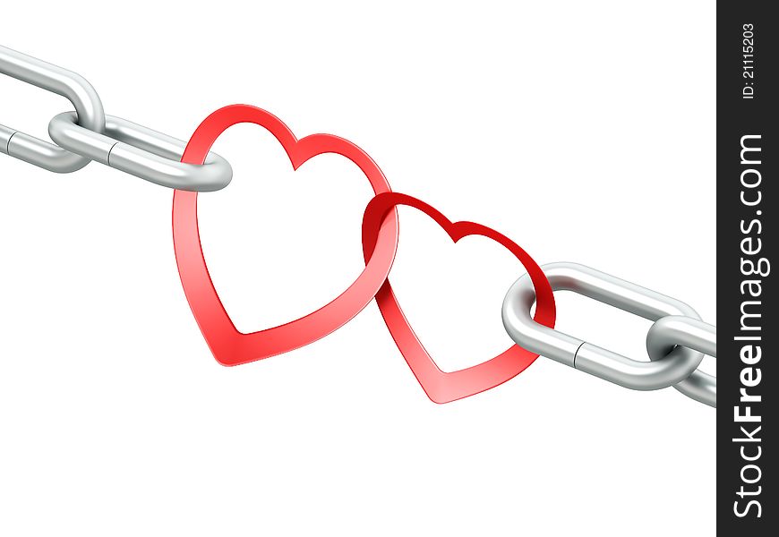 Steel Chain With Two Joined Red Hearts