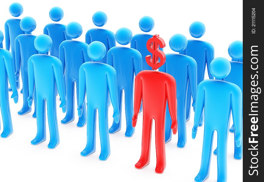 One dollar-shaped red figure between many blue peoples on white background