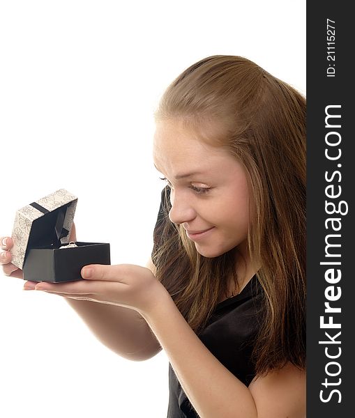 Girl with present jewelry gift box