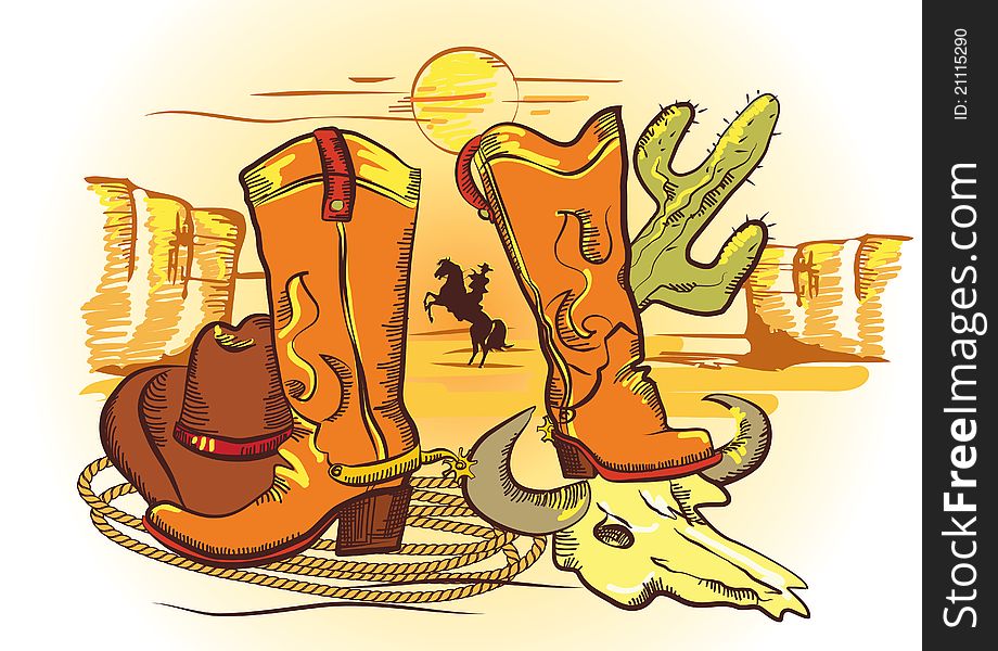 Cowboy elements with rope and shoes.Color wild western image