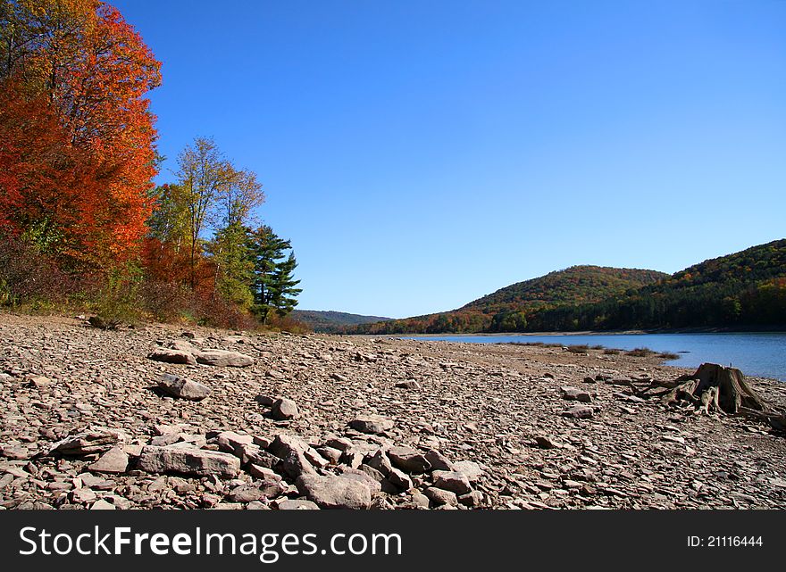 Allegheny river shore and colorful fall trees. Allegheny river shore and colorful fall trees