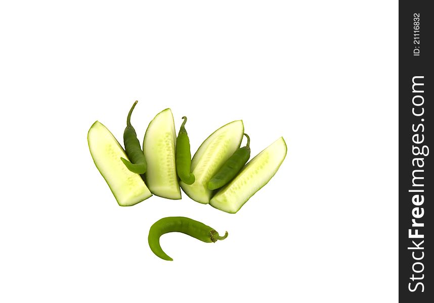 Sliced cucumber and green chilli pepper on the white background. Sliced cucumber and green chilli pepper on the white background