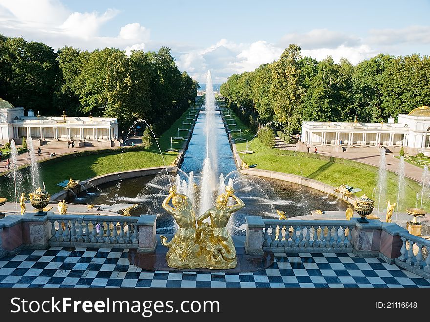 View of grand cascade and canal in Peterhof