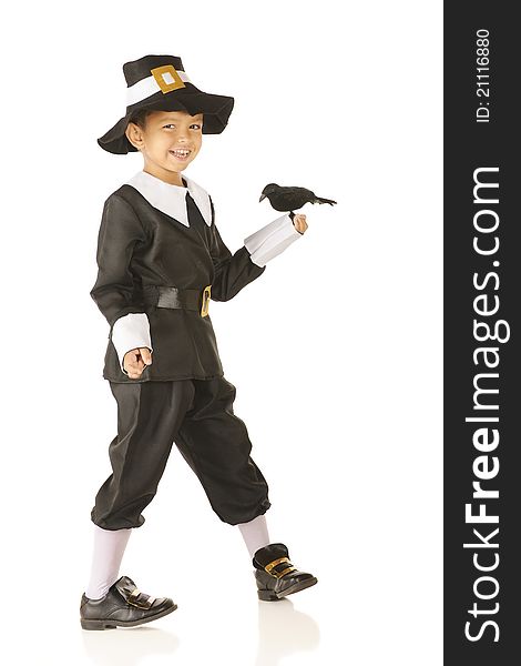 An adorable, happy preschooler pilgrim with a black bird in his hand. Isolated on white. An adorable, happy preschooler pilgrim with a black bird in his hand. Isolated on white.