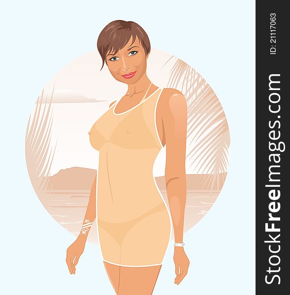 Illustration pretty girl on summer background - vector